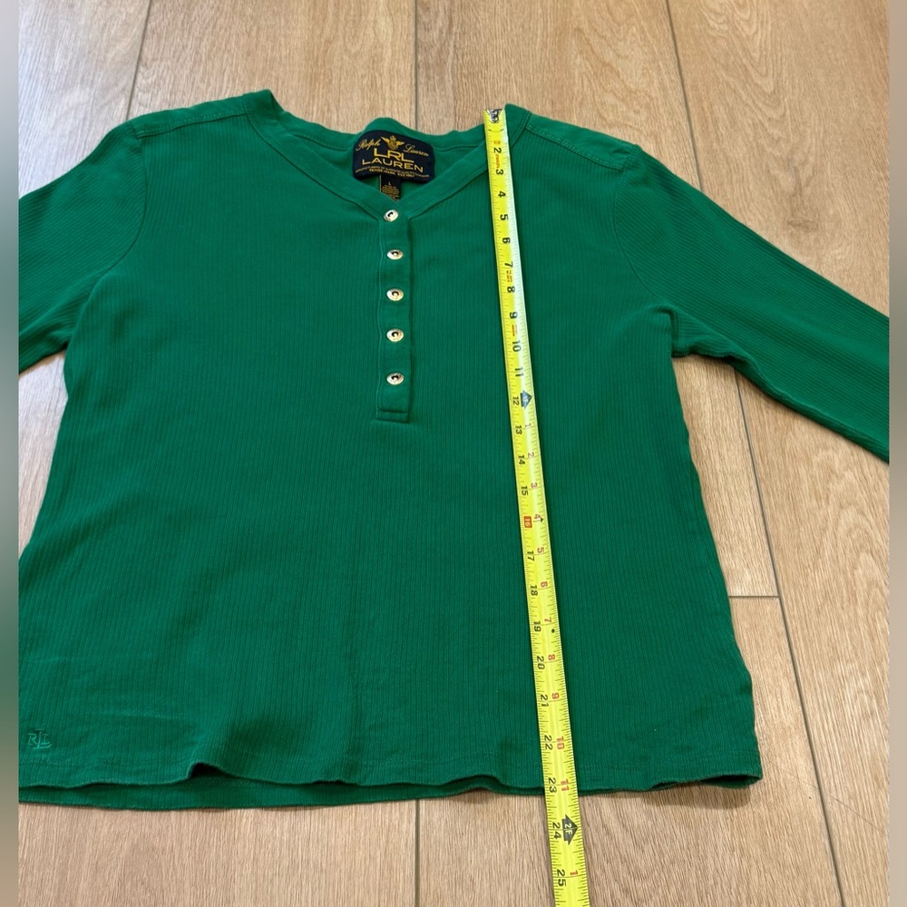 Lauren Ralph Lauren Green Ribbed Henley Top Gold Snap Buttons Size L - Picture 6 of 8